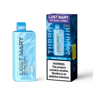 Blue Razz Ice Lost Mary MT15000 Turbo disposable vape packaging