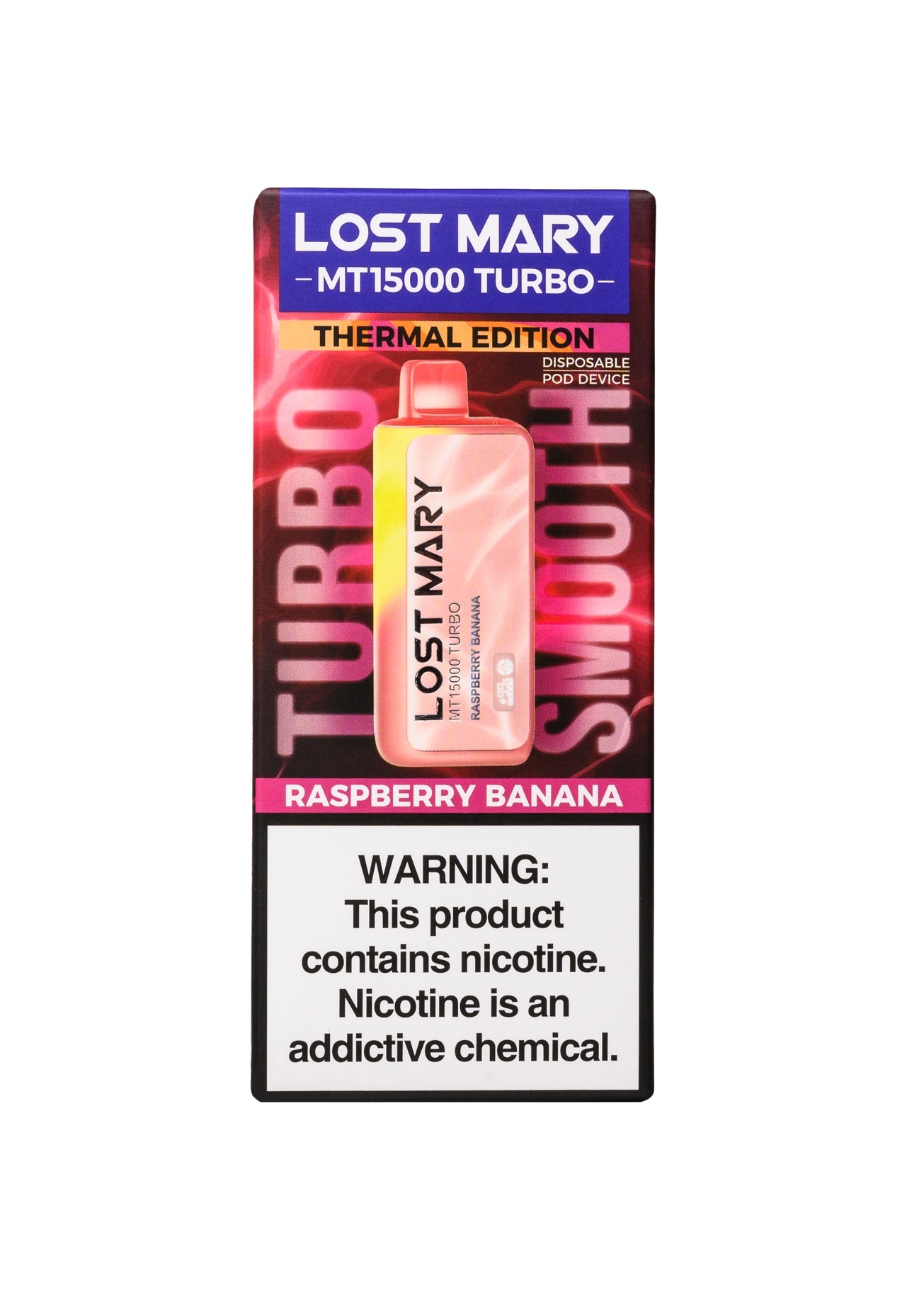 Raspberry Banana Lost Mary MT15000 Turbo disposable vape packaging