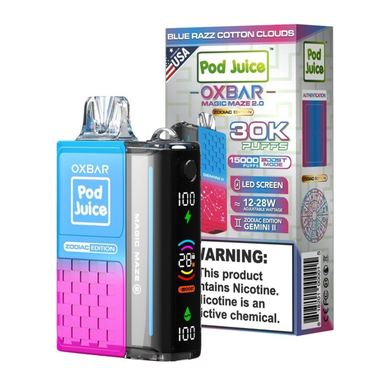 Blue Razz Cotton Clouds Oxbar Magic Maze 2.0 Pod Juice 30K - Black Coral