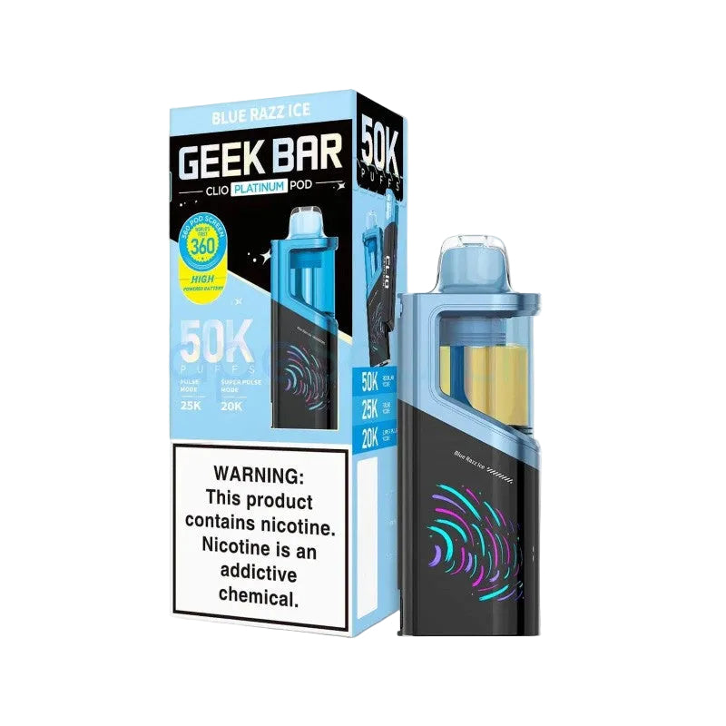 Blue Razz Ice Geek Bar Clio Platinum 50K Pod disposable vape packaging