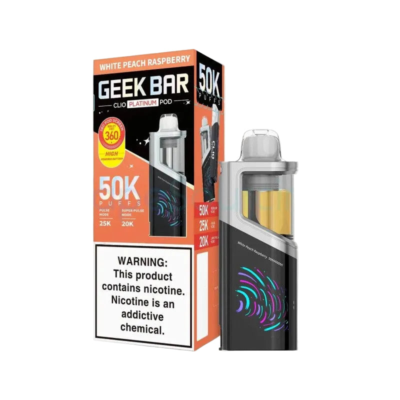 White Peach Raspberry Geek Bar Clio Platinum 50K Pod disposable vape packaging