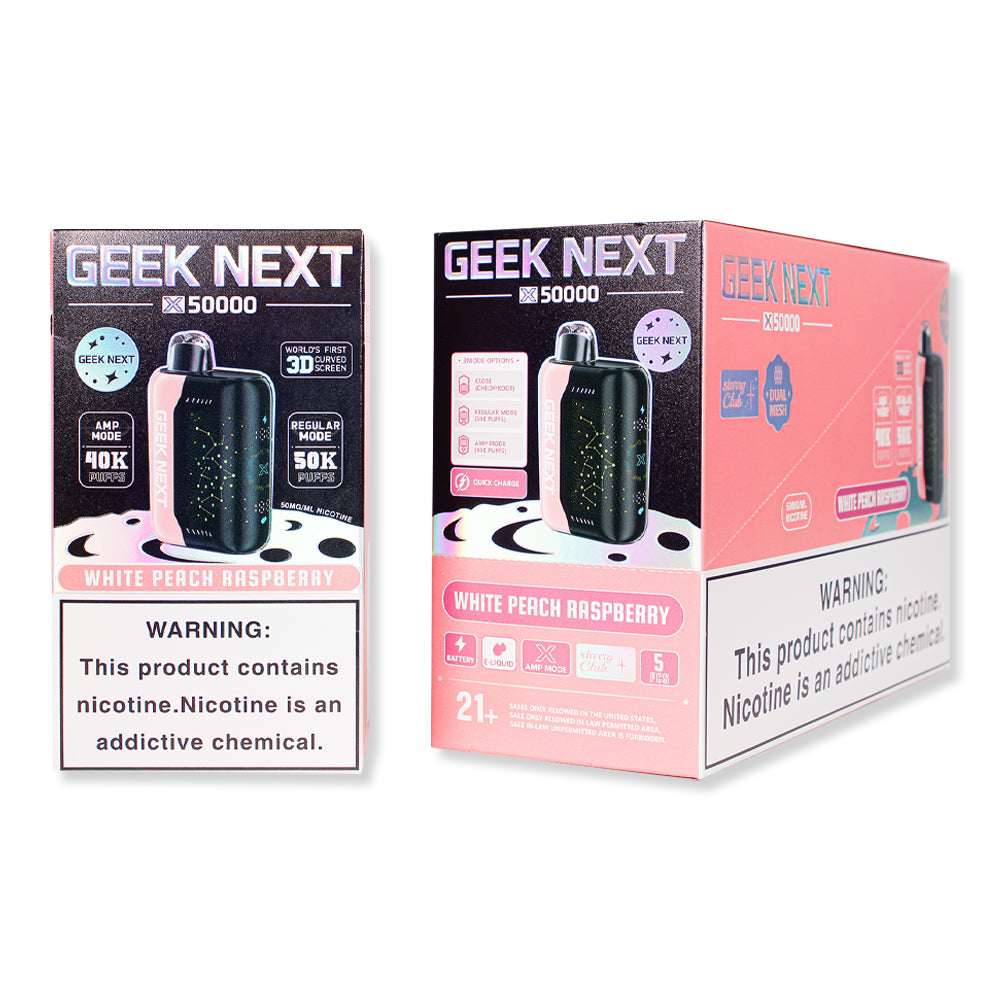 White Peach Raspberry Geek Next X 50000 disposable vape packaging