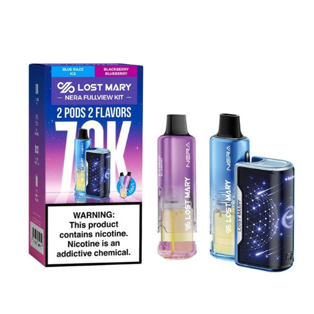 Blue Razz Ice + Blackberry Blueberry Lost Mary Nera Fullview Kit 70K Disposable Vape Packaging