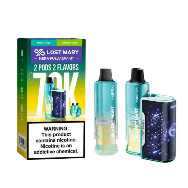 Lost Mary Nera Fullview 70K Kit Miami Mint and Winter Mint disposable vape packaging