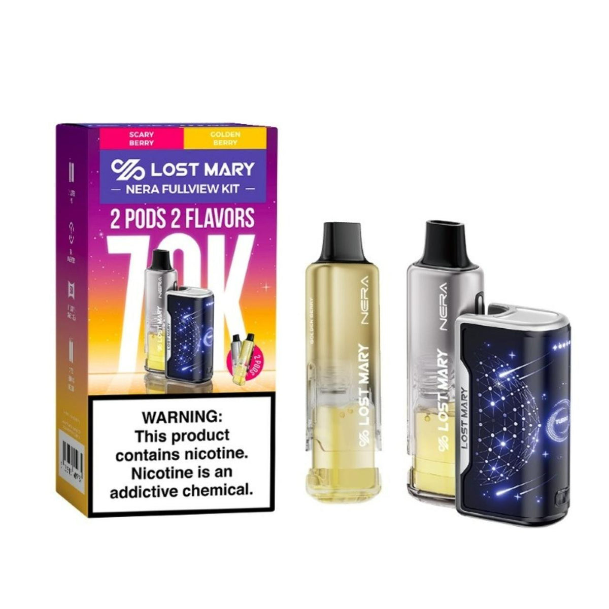 Lost Mary Nera Fullview 70K Kit Scary Berry and Golden Berry disposable vape packaging