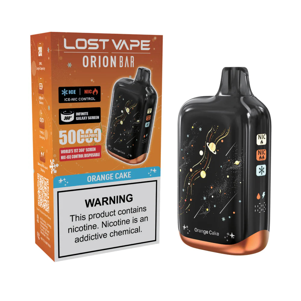 Orange Cake Lost Vape Orion Bar 50K Nic & Ice disposable vape packaging