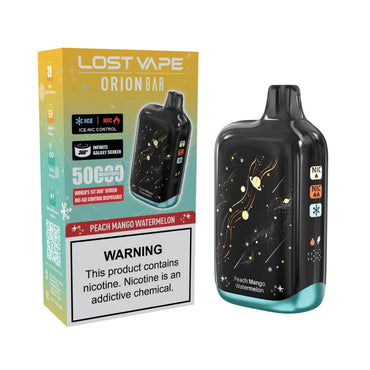 Peach Mango Watermelon Lost Vape Orion Bar 50K Nic & Ice disposable vape packaging