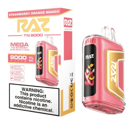 Strawberry Orange Mango Raz TN9000 disposable vape packaging