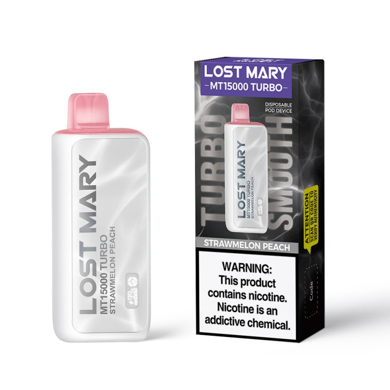 Strawmelon Peach Lost Mary MT15000 Turbo disposable vape packaging
