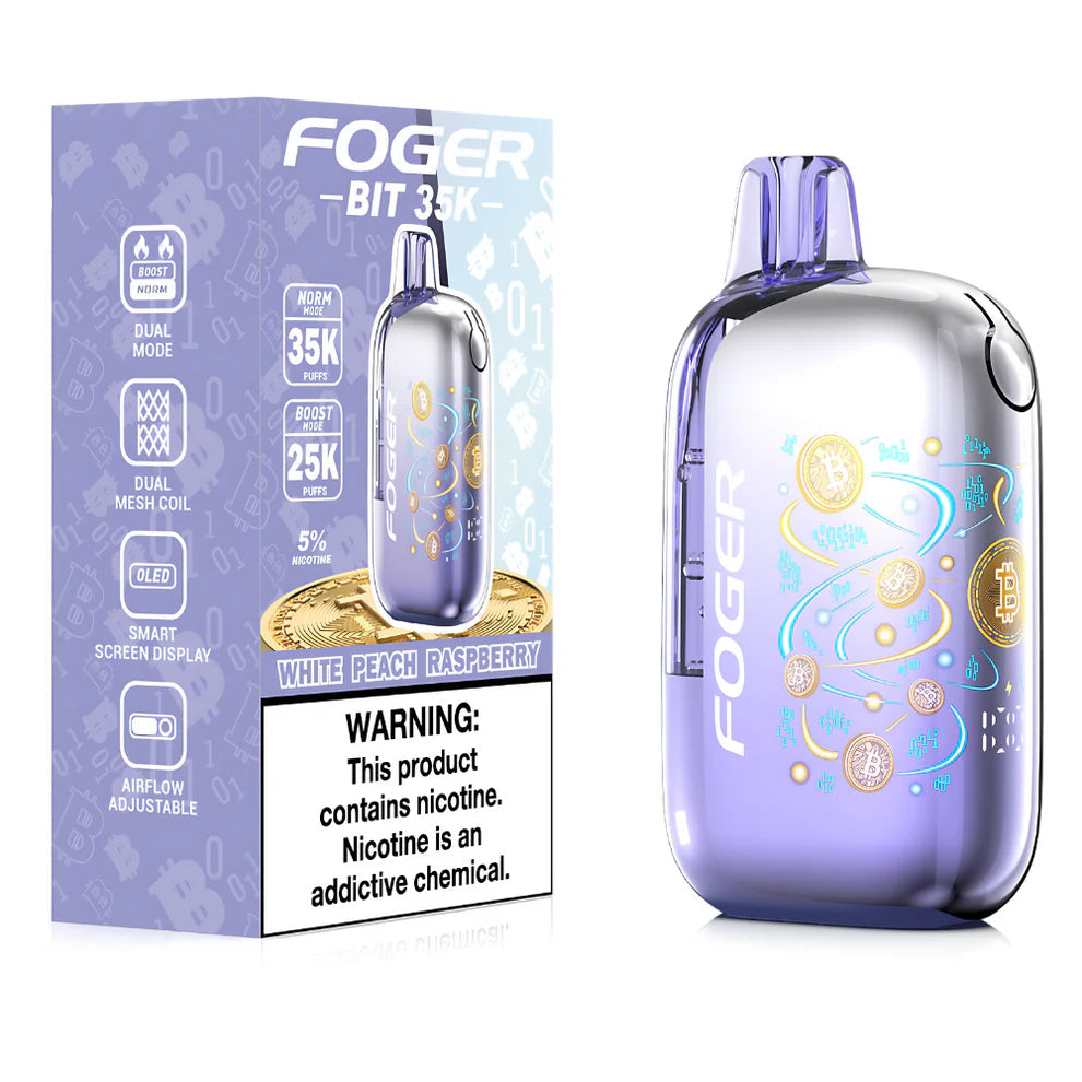 White Peach Raspberry Foger Bit 35K  disposable vape packaing 