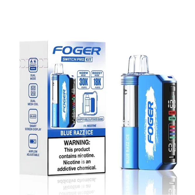 Blue Razz Ice Foger Switch Pro 30K Kit disposable vape packaging 