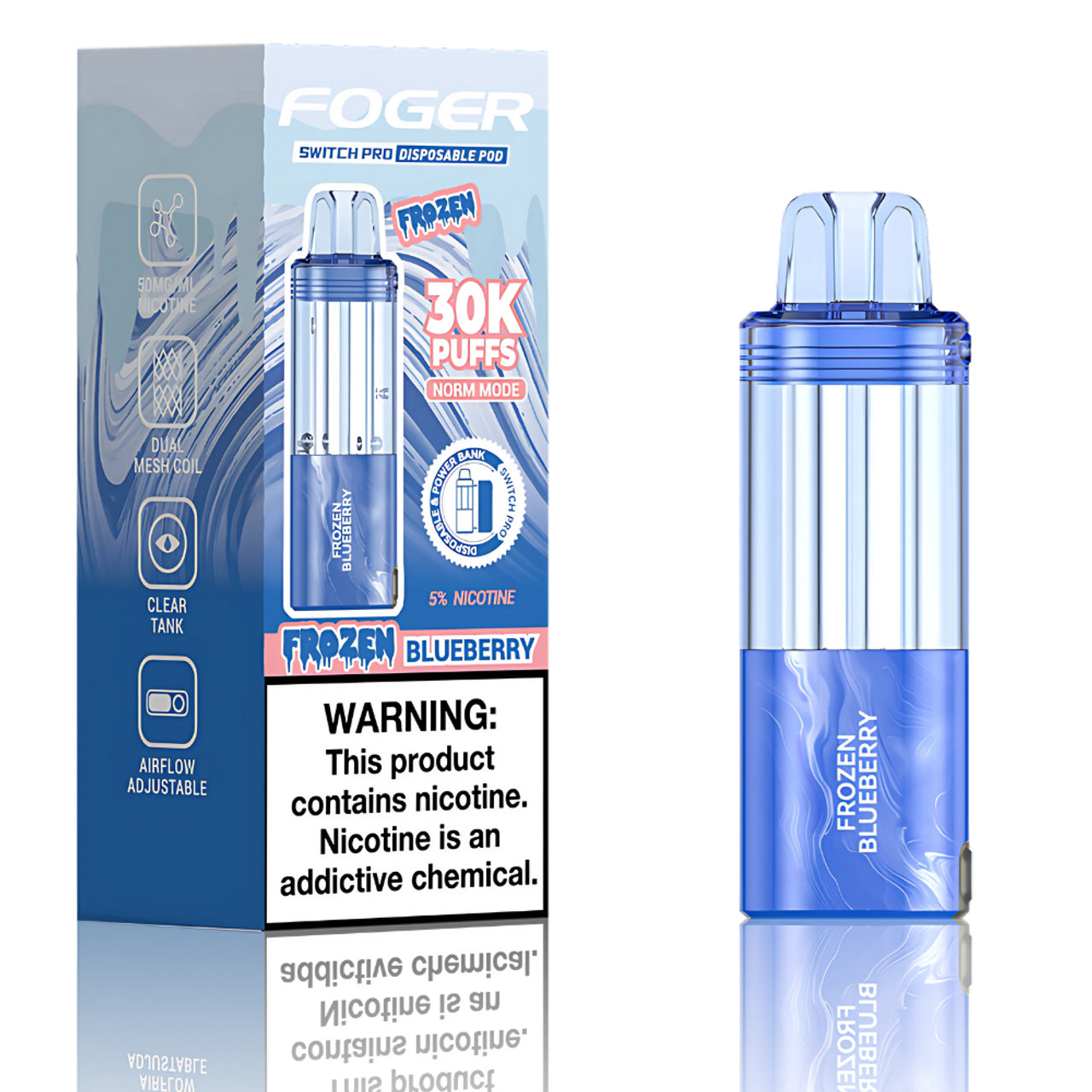 Frozen Blueberry Foger Switch Pro 30K Pod disposable vape packaging 