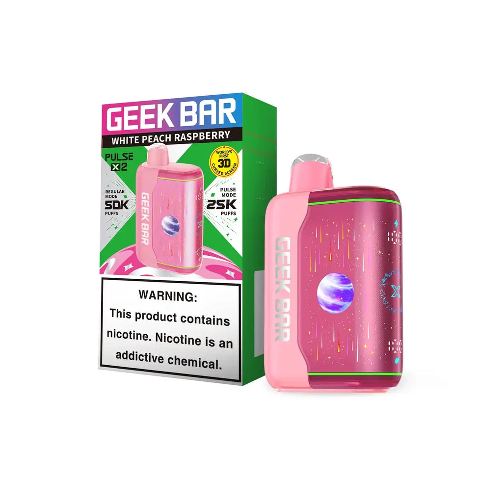 White Peach Raspberry Geek Bar Pulse X 2 50K disposable vape packaging