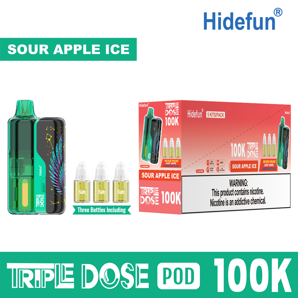 Sour Apple Ice Hidefun Triple Dose 100K Kit disposable vape packaging