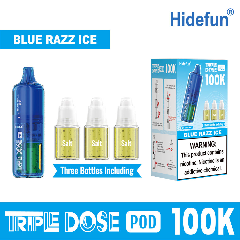 Blue Razz Ice Hidefun Triple Dose 100K Pod disposable vape packaging