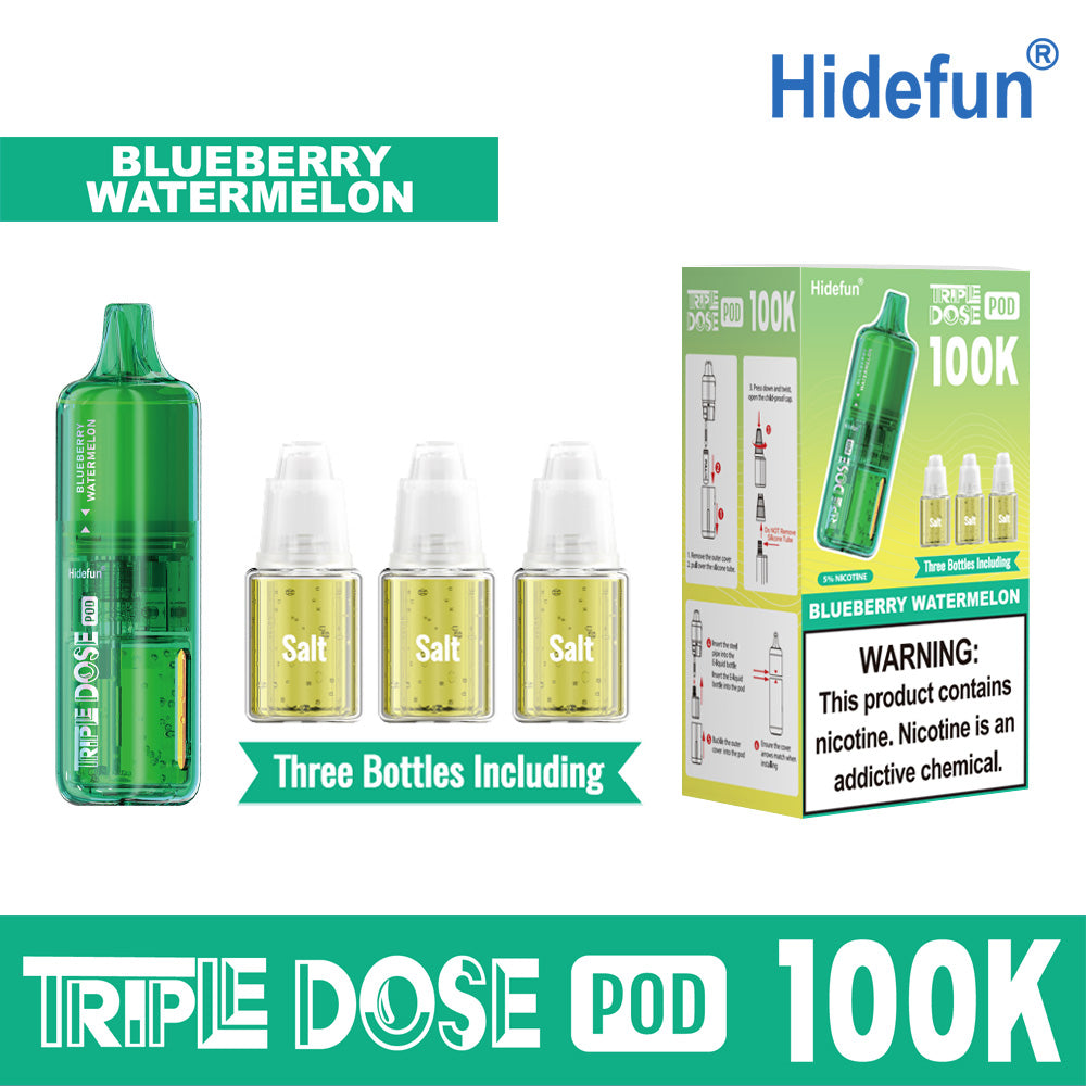 Blueberry Watermelon Hidefun Triple Dose 100K Pod Disposable Vape Packaging