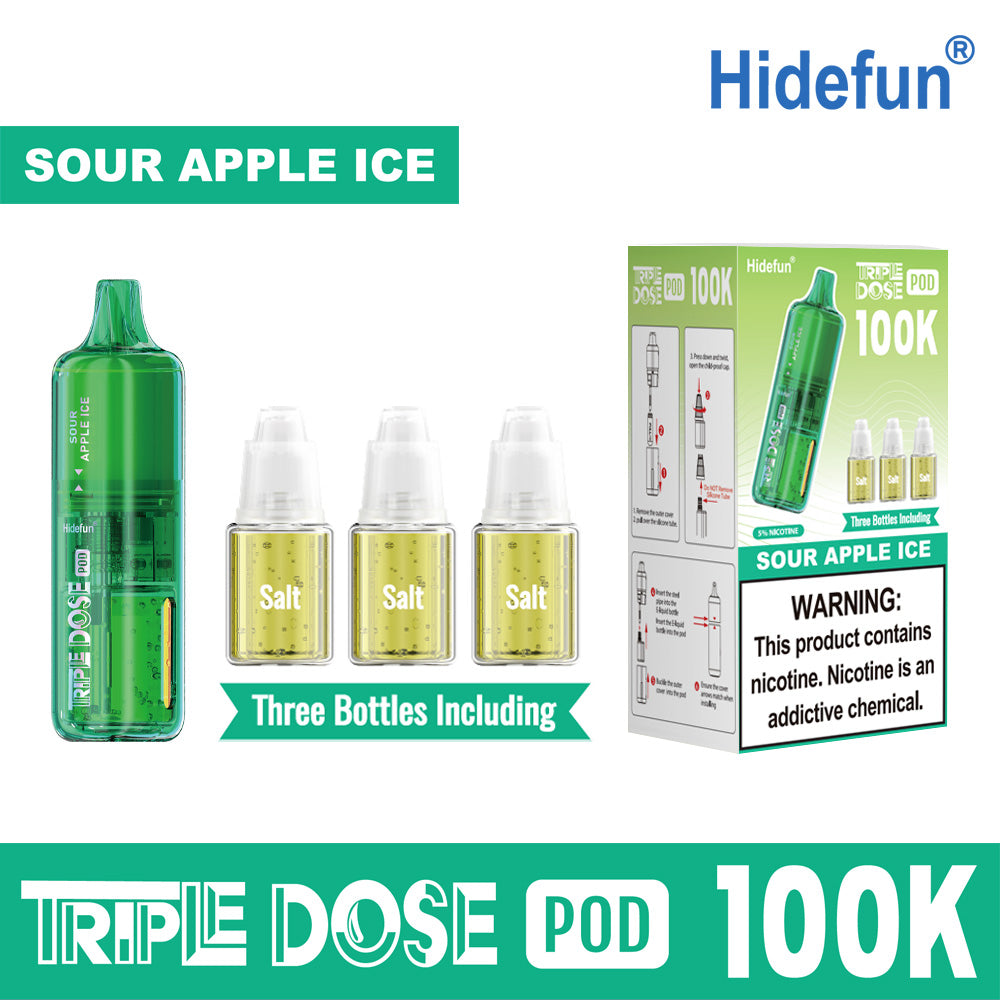 Sour Apple Ice Hidefun Triple Dose 100K Pod disposable vape packaging