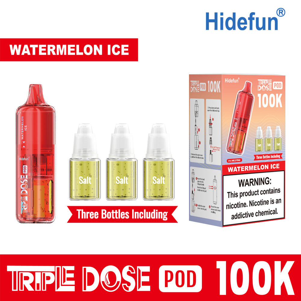 Watermelon Ice Hidefun Triple Dose 100K Pod disposable vape packaging