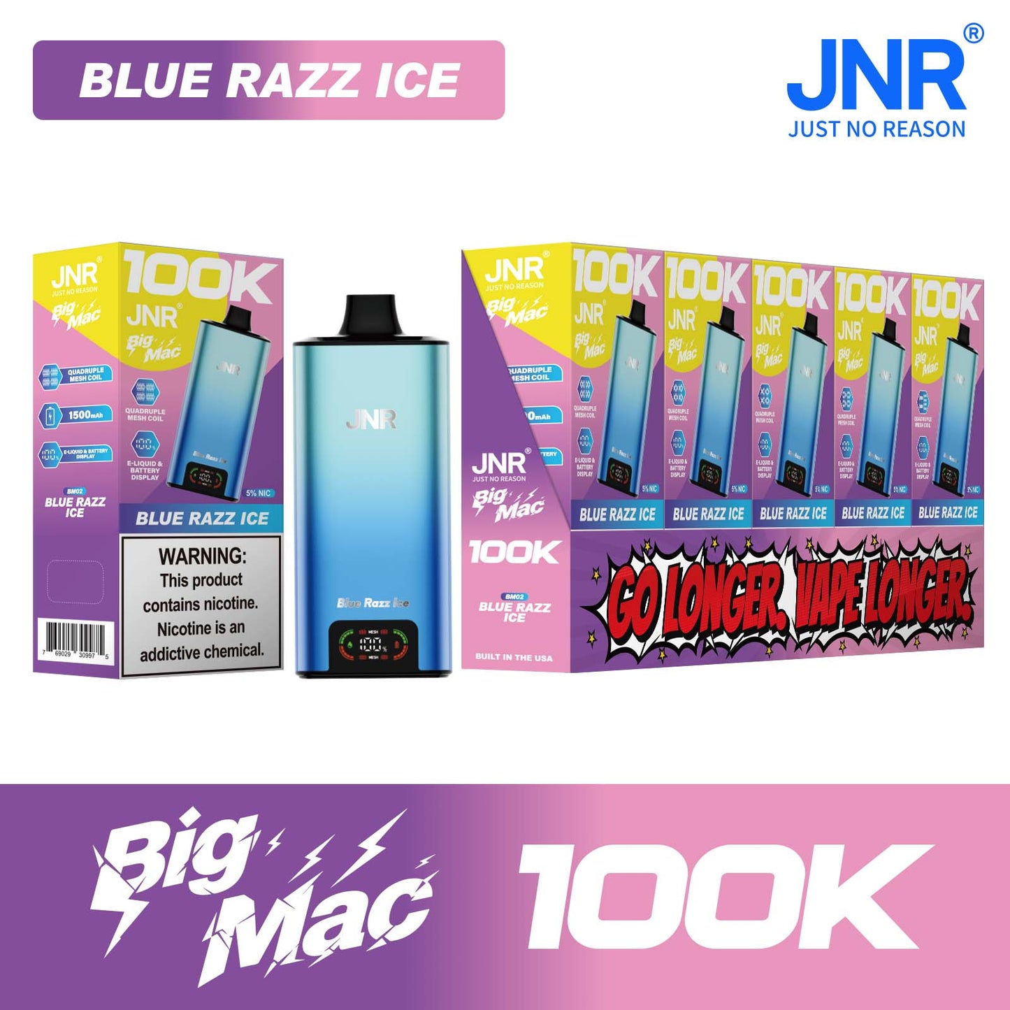 Blue Razz Ice JNR Big Mac 100K disposable vape packaging