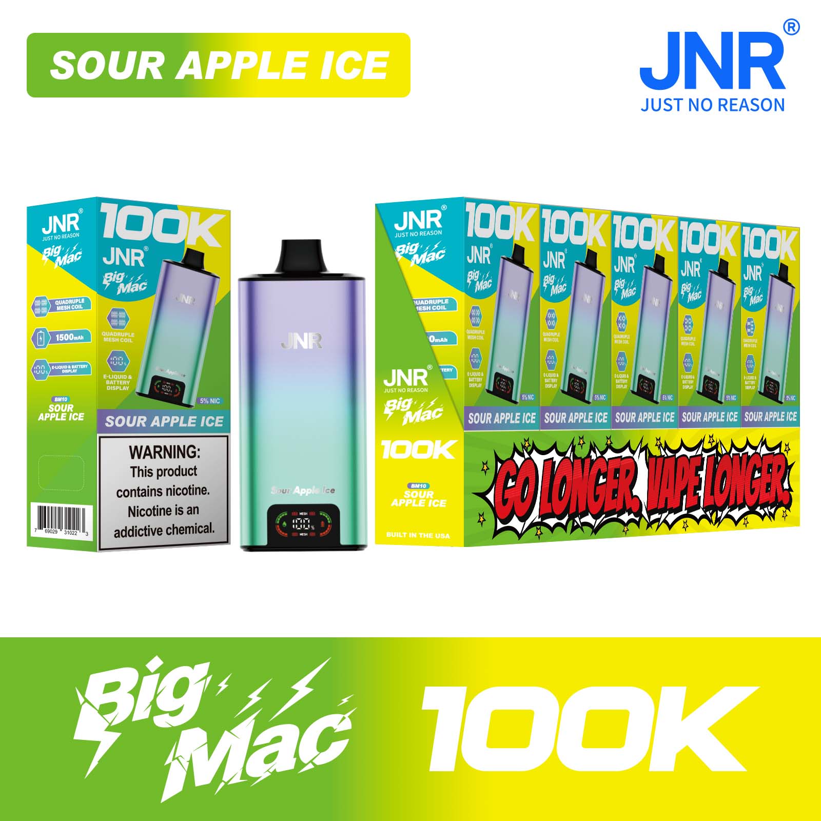 Sour Apple Ice JNR Big Mac 100K disposable vape packaging