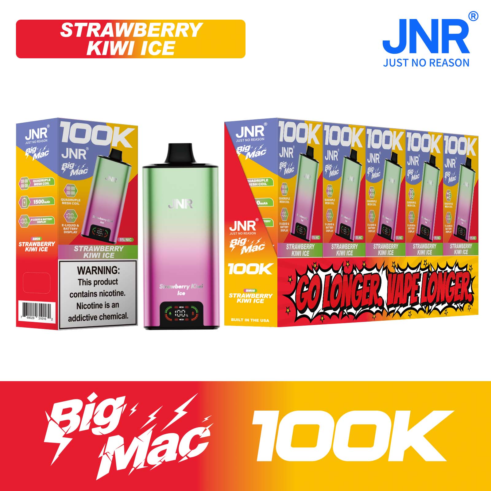 Strawberry Kiwi Ice JNR Big Mac 100K disposable vape packaging