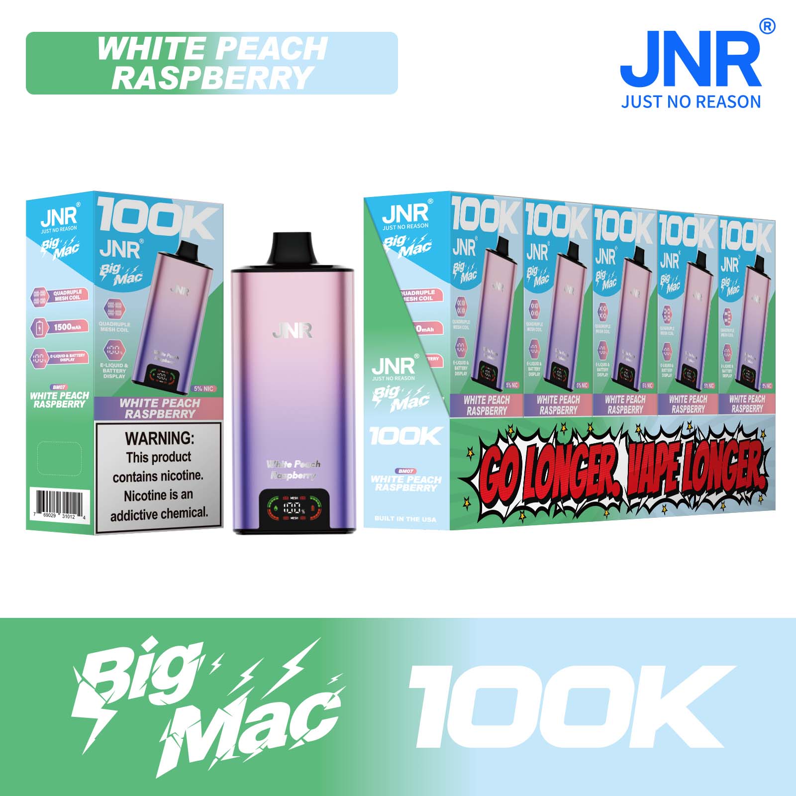  White Peach Raspberry JNR Big Mac 100K disposable vape packaging