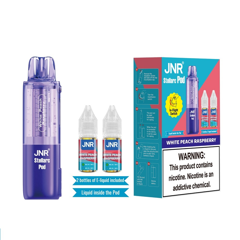 White Peach Raspberry JNR Stellarc 100K Pod disposable vape packaging 
