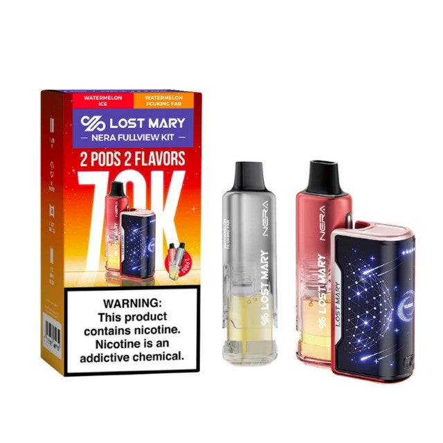 Lost Mary Nera Fullview 70K Kit Watermelon Ice and Watermelon Fcuking Fab disposable vape packaging