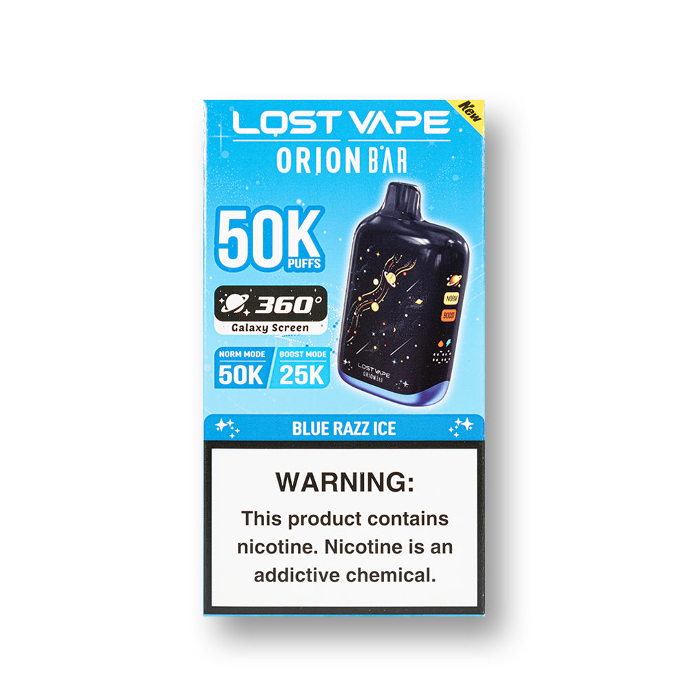 Blue Razz Ice Lost Vape Orion Bar 50K V2 disposable vape packaging