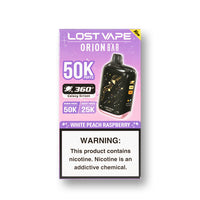 White Peach Raspberry Lost Vape Orion Bar 50K V2 disposable vape packaging
