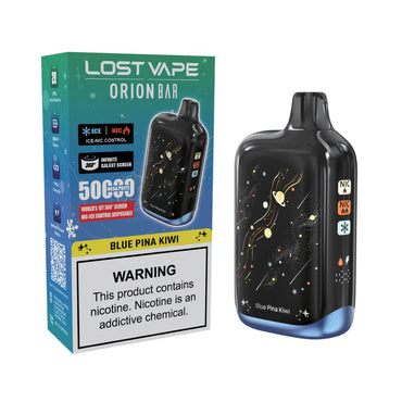 Blue Pina Kiwi Lost Vape Orion Bar 50K Nic & Ice disposable vape packaging 