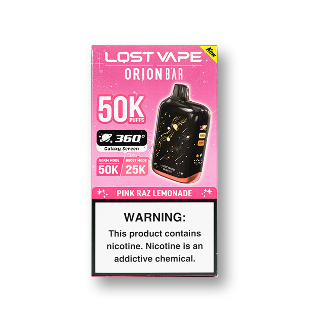Pink Raz Lemonade Lost Vape Orion Bar 50K V2 disposable vape packaging