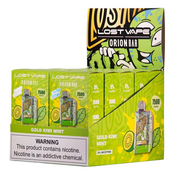 Gold Kiwi Mint Lost Vape Orion Bar 7500 disposable vape packaging 