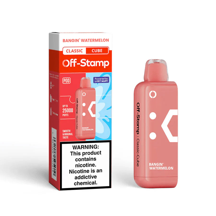 Bangin’ Watermelon Off Stamp Classic Cube 25K Pod disposable vape packaging