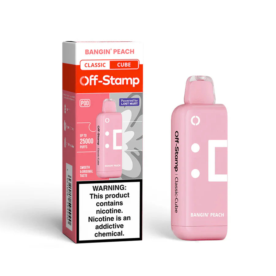Bangin’ Peach Off Stamp Classic Cube 25K Pod disposable vape packaging