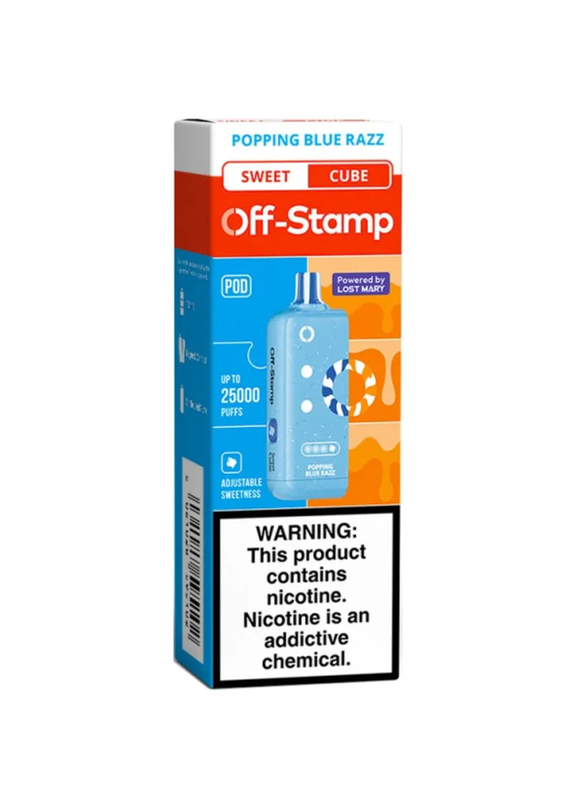 Popping Blue Razz Twist Off Stamp Sweet Cube 25K Pod disposable vape packaging