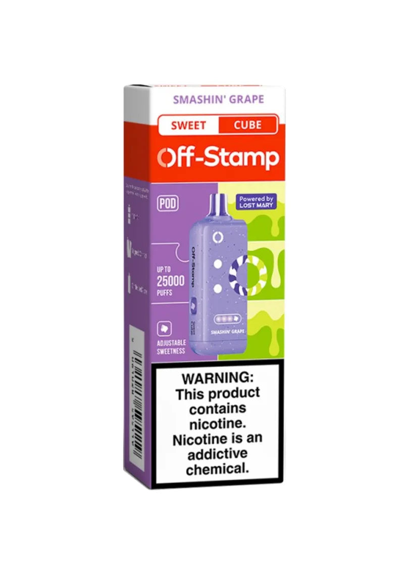 Smashin’ Grape Off Stamp Sweet Cube 25K Pod disposable vape packaging