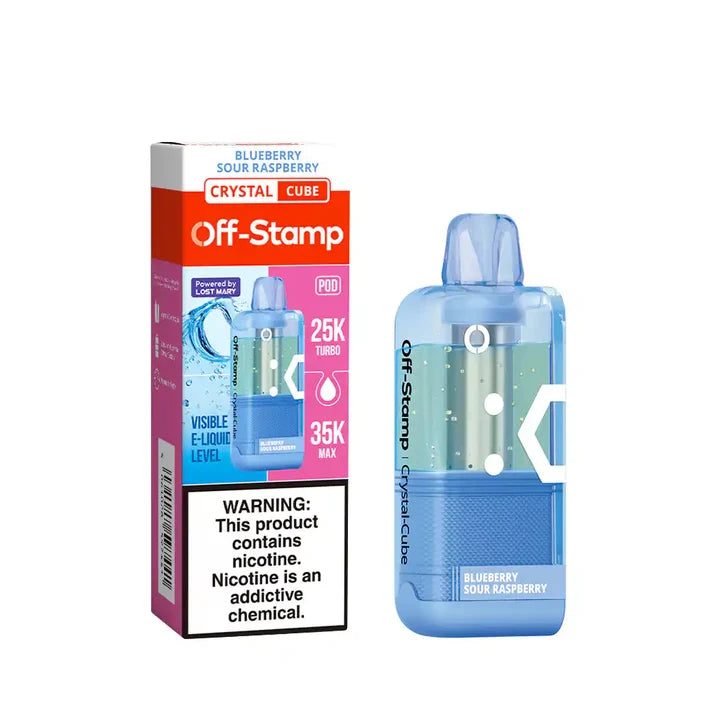 Blueberry Sour Raspberry Off-Stamp X-Cube Crystal 35K Pod disposable vape packaging