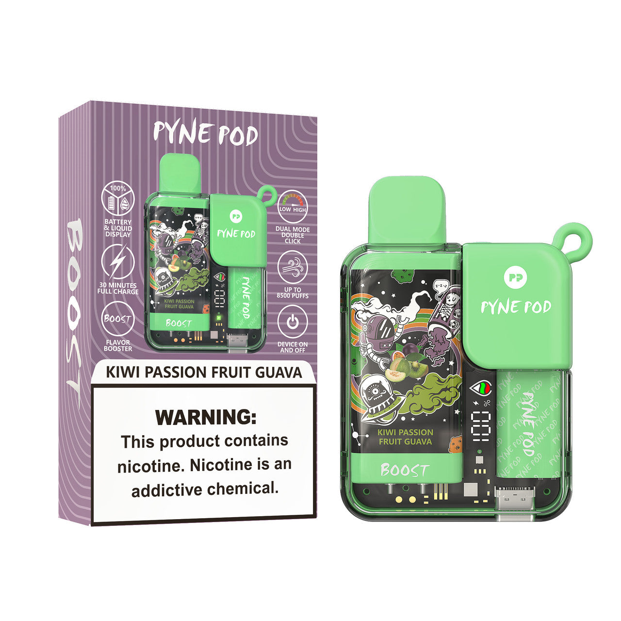 Kiwi Passion Fruit Guava Pyne Pod Boost 8500 disposable vape packaging 