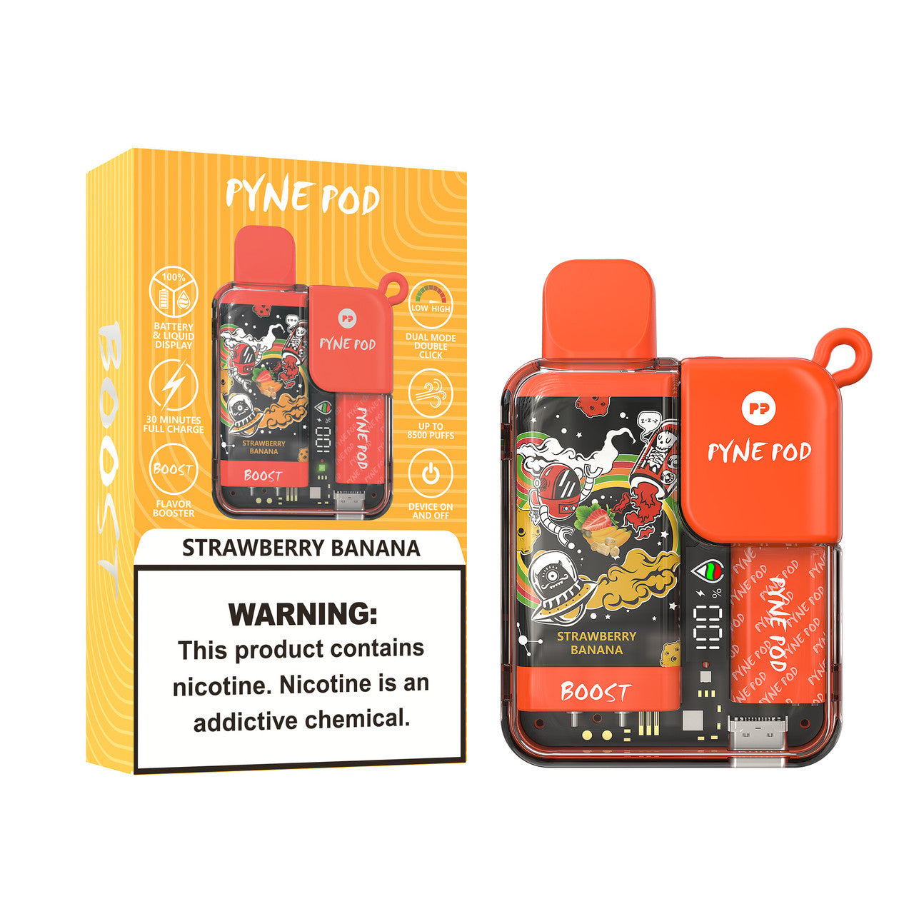 Strawberry Banana Pyne Pod Boost 8500 disposable vape packaging 