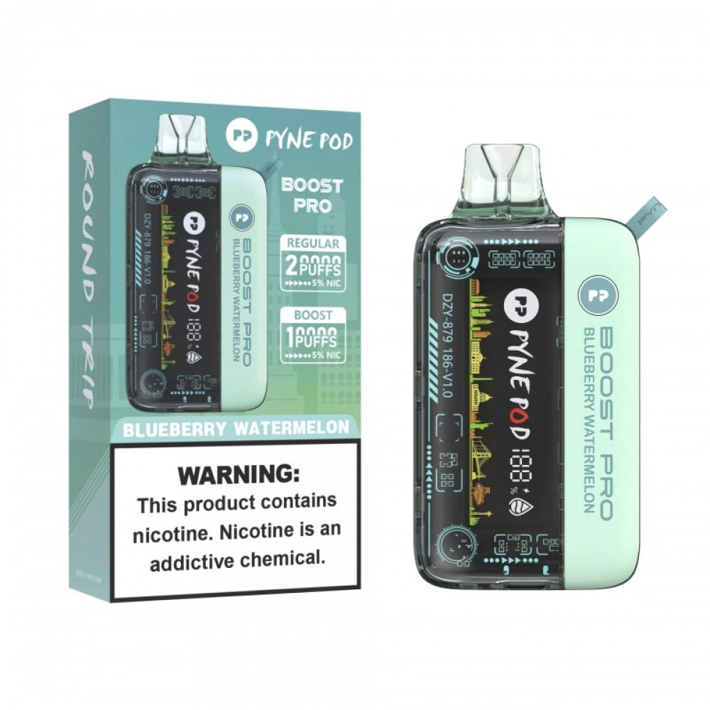 Blueberry Watermelon Pyne Pod Boost Pro 20000 disposable vape packaging 