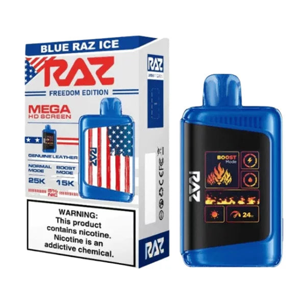 Blue Razz Ice Freedom Edition Raz LTX 25K disposable vape packaging