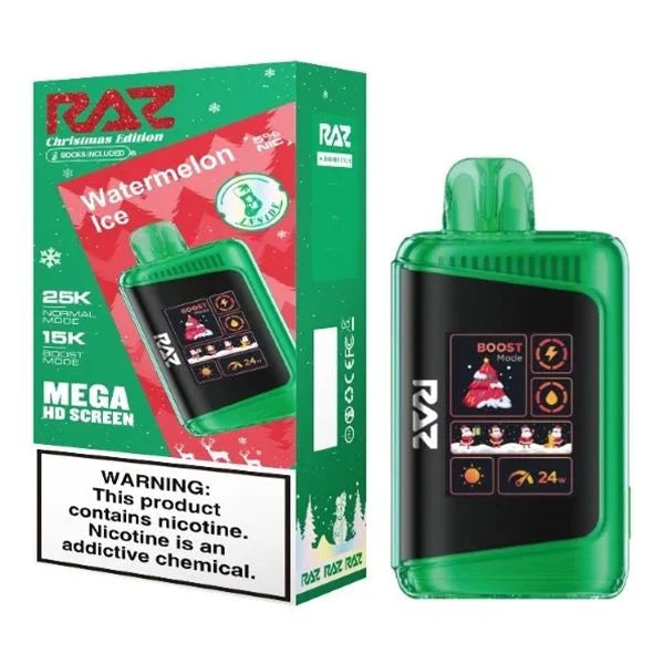 Watermelon Ice Christmas Edition Raz LTX 25K disposable vape packaging
