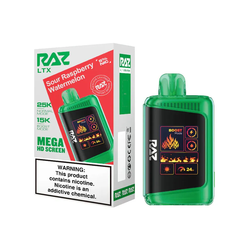 Sour Raspberry Watermelon Raz LTX 25K disposable vape packaging