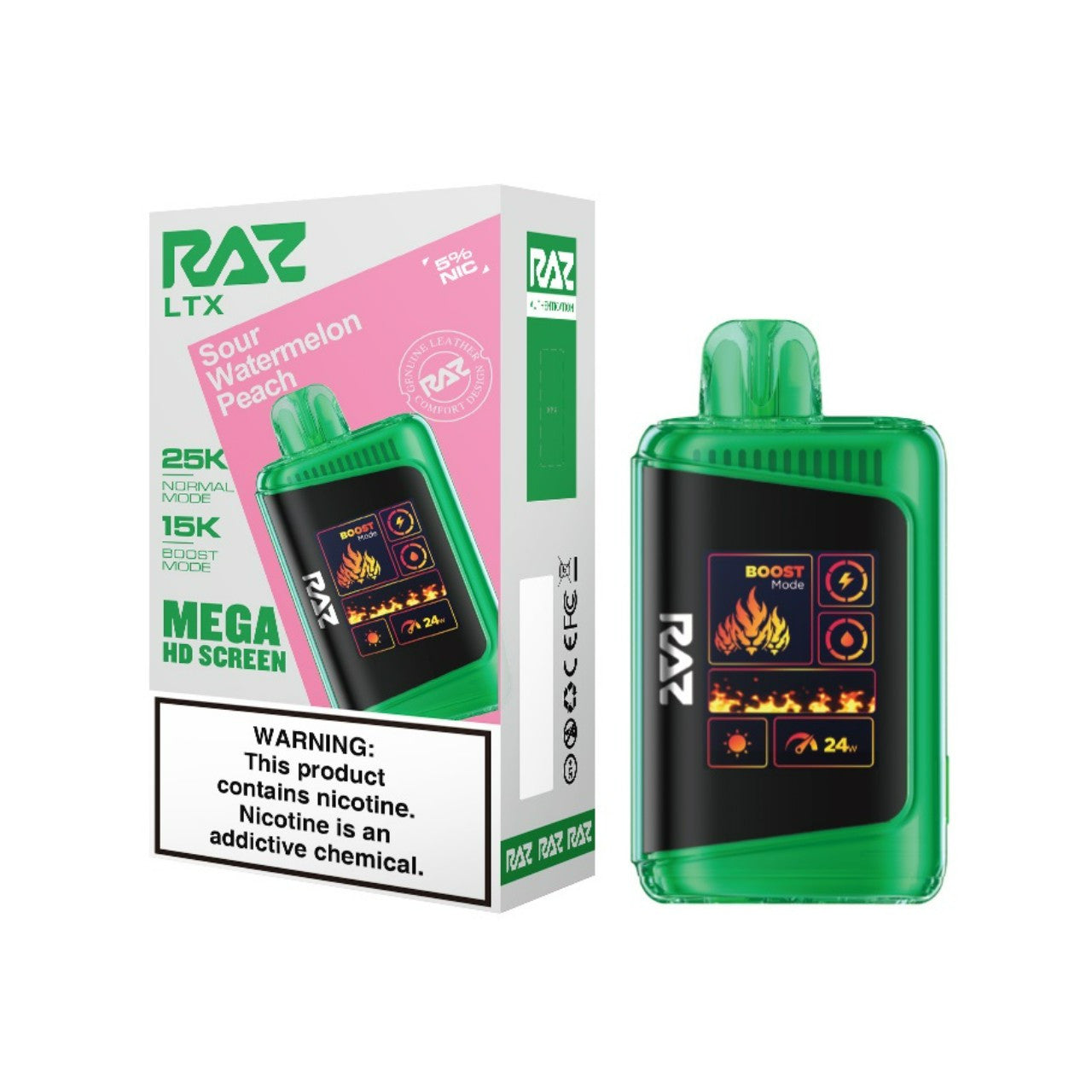 Sour Watermelon Peach Raz LTX 25K disposable vape packaging