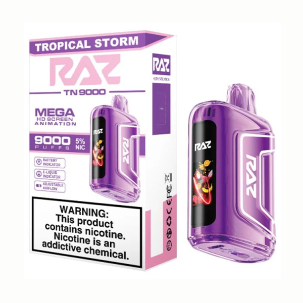 Tropical Storm Raz TN9000 disposable vape packaging