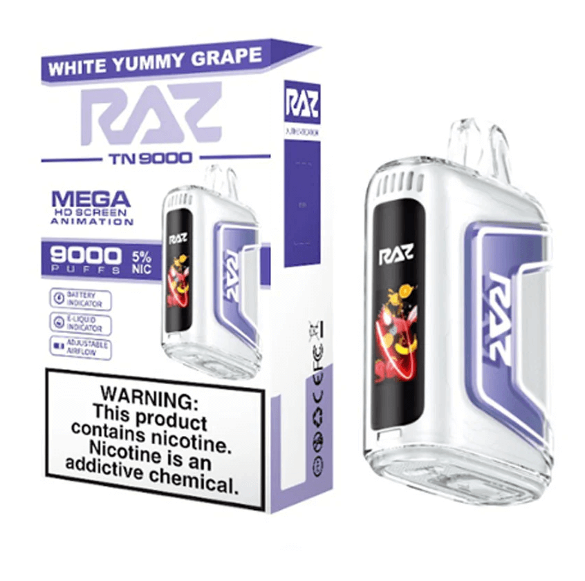 White Yummy Grape Raz TN9000 disposable vape packaging