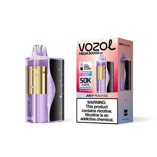 Juicy Peach Ice Vozol Mega 50K disposable vape packaging