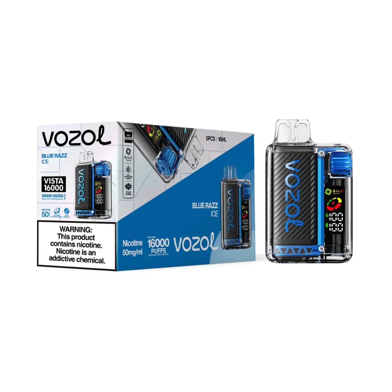 Blue Razz Ice Vozol Vista 16000 disposable vape packaging